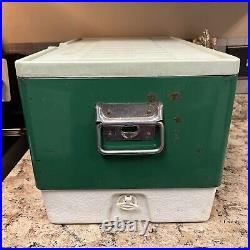 Vtg 11-74 Coleman Green Metal White Cooler Ice Chest With Spout, Opener & Tray Vtg 11-74 Coleman Green Metal White Cooler Ice Chest With Spout, Opener & Tray