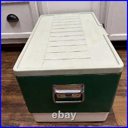 Vtg 11-74 Coleman Green Metal White Cooler Ice Chest With Spout, Opener & Tray Vtg 11-74 Coleman Green Metal White Cooler Ice Chest With Spout, Opener & Tray