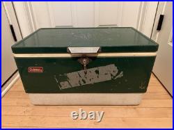 Vtg 1970s Large Coleman Green White Metal / Plastic Camping Cooler