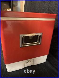 Vtg 22 Wide 70s 80s Red Metal Coleman Cooler Chest with Handles Camping Props
