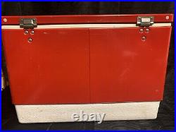 Vtg 22 Wide 70s 80s Red Metal Coleman Cooler Chest with Handles Camping Props