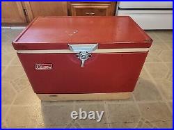 Vtg 28 Quart-70s 80s Red Metal Coleman Cooler Chest with Handles Camping Props