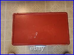 Vtg 28 Quart-70s 80s Red Metal Coleman Cooler Chest with Handles Camping Props