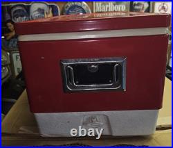 Vtg 28 Quart-70s 80s Red Metal Coleman Cooler Chest with Handles Camping Props
