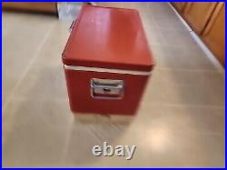 Vtg 28 Quart-70s 80s Red Metal Coleman Cooler Chest with Handles Camping Props