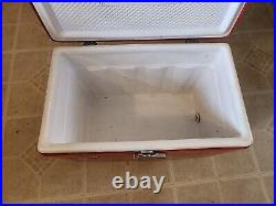 Vtg 28 Quart-70s 80s Red Metal Coleman Cooler Chest with Handles Camping Props