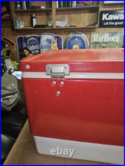Vtg 28 Quart-70s 80s Red Metal Coleman Cooler Chest with Handles Camping Props