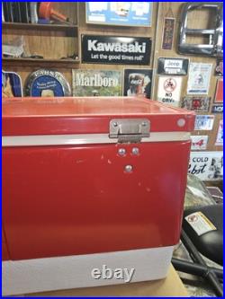 Vtg 28 Quart-70s 80s Red Metal Coleman Cooler Chest with Handles Camping Props