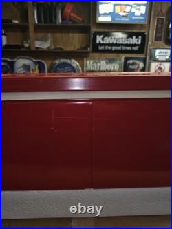 Vtg 28 Quart-70s 80s Red Metal Coleman Cooler Chest with Handles Camping Props