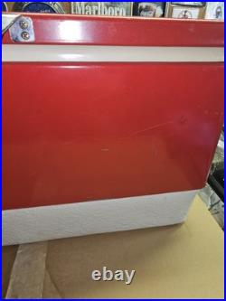 Vtg 28 Quart-70s 80s Red Metal Coleman Cooler Chest with Handles Camping Props