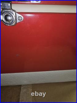 Vtg 28 Quart-70s 80s Red Metal Coleman Cooler Chest with Handles Camping Props