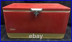 Vtg 28 Wide 70s 80s Red Metal Coleman Cooler Chest with Handles Camping Props
