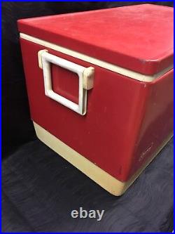 Vtg 28 Wide 70s 80s Red Metal Coleman Cooler Chest with Handles Camping Props