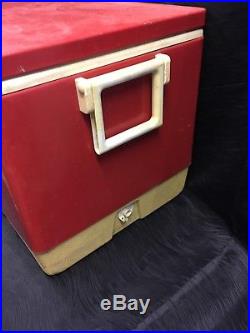 Vtg 28 Wide 70s Red Metal Coleman Cooler Chest with Handles Camping Props