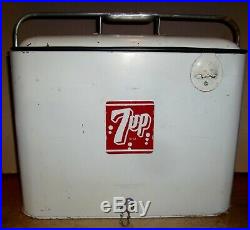 Vtg 7up Metal Cooler, Drain Plug & Bottle Opener Intact, Progress Refrigerator