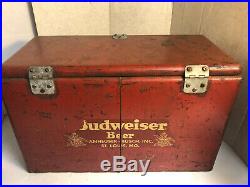 Vtg BUWEISER Anheuser Busch BEER Metal Cooler Ice Chest with Tin Food Container