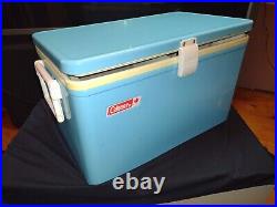 Vtg Coleman 70's Blue Metal Ice Chest Cooler Plastic Handle Camping Canada w box