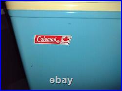 Vtg Coleman 70's Blue Metal Ice Chest Cooler Plastic Handle Camping Canada w box