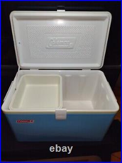 Vtg Coleman 70's Blue Metal Ice Chest Cooler Plastic Handle Camping Canada w box