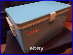 Vtg Coleman 70's Blue Metal Ice Chest Cooler Plastic Handle Camping Canada w box