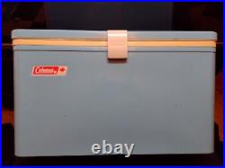 Vtg Coleman 70's Blue Metal Ice Chest Cooler Plastic Handle Camping Canada w box