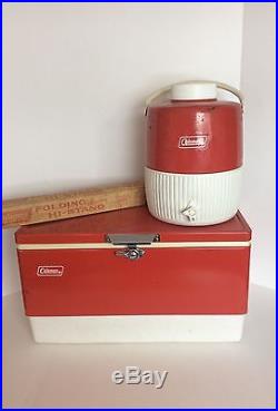 Vtg Coleman Metal Cooler + Stand + Water Bottle + Tray Set Red Camping Ice Chest