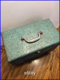 Vtg Mid Century Kampkold Metal Ice Chest Cooler Turquoise Camping RV Airstream