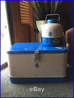 Vtg Rare Keapsil 2 Tone Blue Speckled Thermos Ice Chest/Metal Cooler & Jug