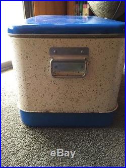 Vtg Rare Keapsil 2 Tone Blue Speckled Thermos Ice Chest/Metal Cooler & Jug