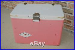 Vtg Retro Pink Metal Coleman Cooler Ice Chest Diamond Logo Camping 22x16x13.25