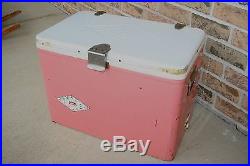 Vtg Retro Pink Metal Coleman Cooler Ice Chest Diamond Logo Camping 22x16x13.25