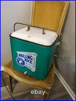 Vtg Rolling Rock Premium Beer Extra Pale Metal Cooler Green / White with opener